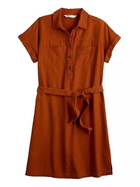 Sonoma Linen Rust Orange Tie-Waist Shirt Dress